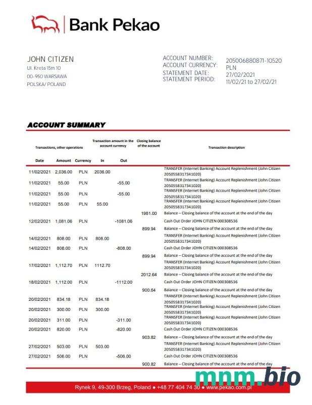 Poland Banca Intesa wzór wyciągu bankowego w formacie Word i PDF